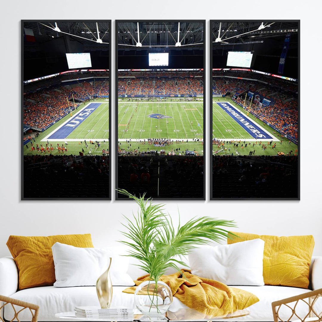 The UTSA Roadrunners game at Alamodome canvas print captures the scene from above, displaying fans and the UTSA lettering on the field.