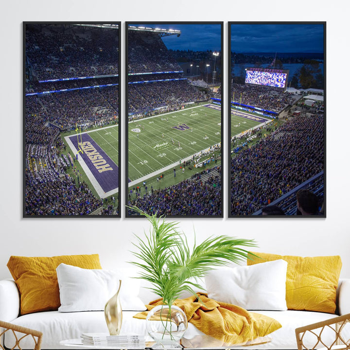 The University of Washington Huskies Football Team Print: Seattle Husky Stadium Wall Art Canvas captures a dusk stadium view.