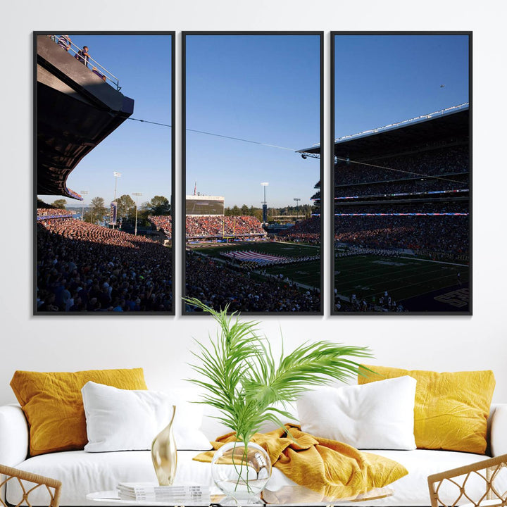 The University of Washington Huskies wall art print depicts Husky Stadium coming alive with fans as flags flutter.