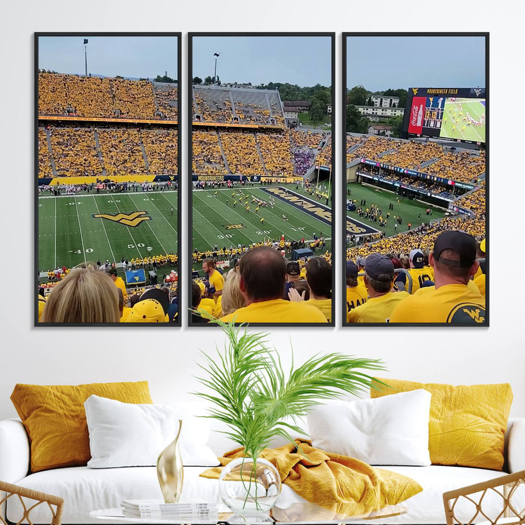 A Puskar Stadium canvas print decorates the modern living room shelf.