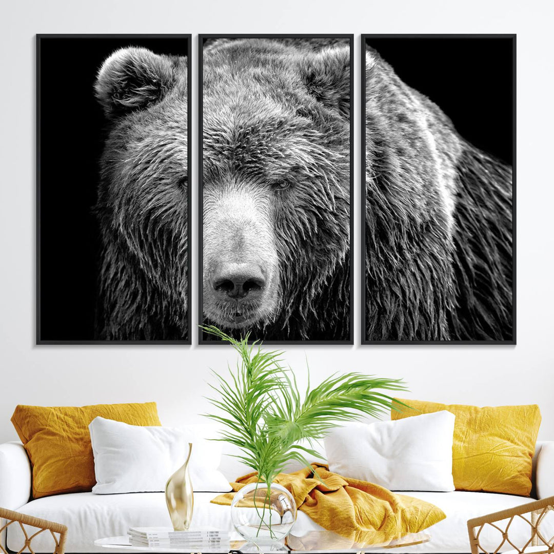 The 399 Grizzly Bear Canvas Print is displayed prominently on a wall in a modern living room.