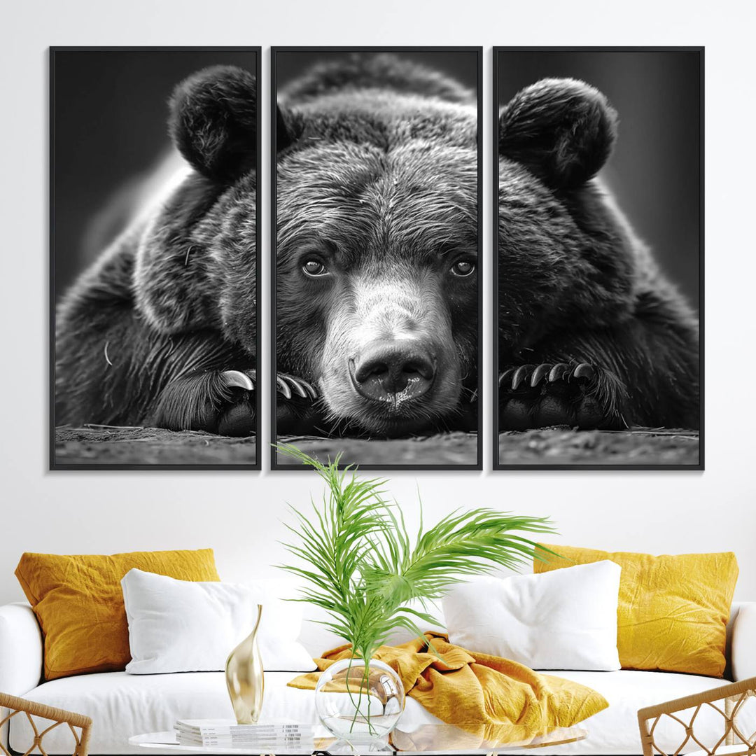 A black and white canvas print titled Resting Grizzly 399 Bear is displayed prominently.