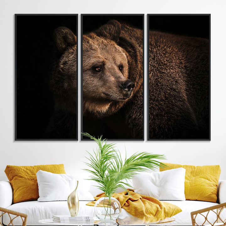 The Wild Grizzly 399 Bear Canvas Wall Art Print enhances modern living rooms with its neutral color palette.