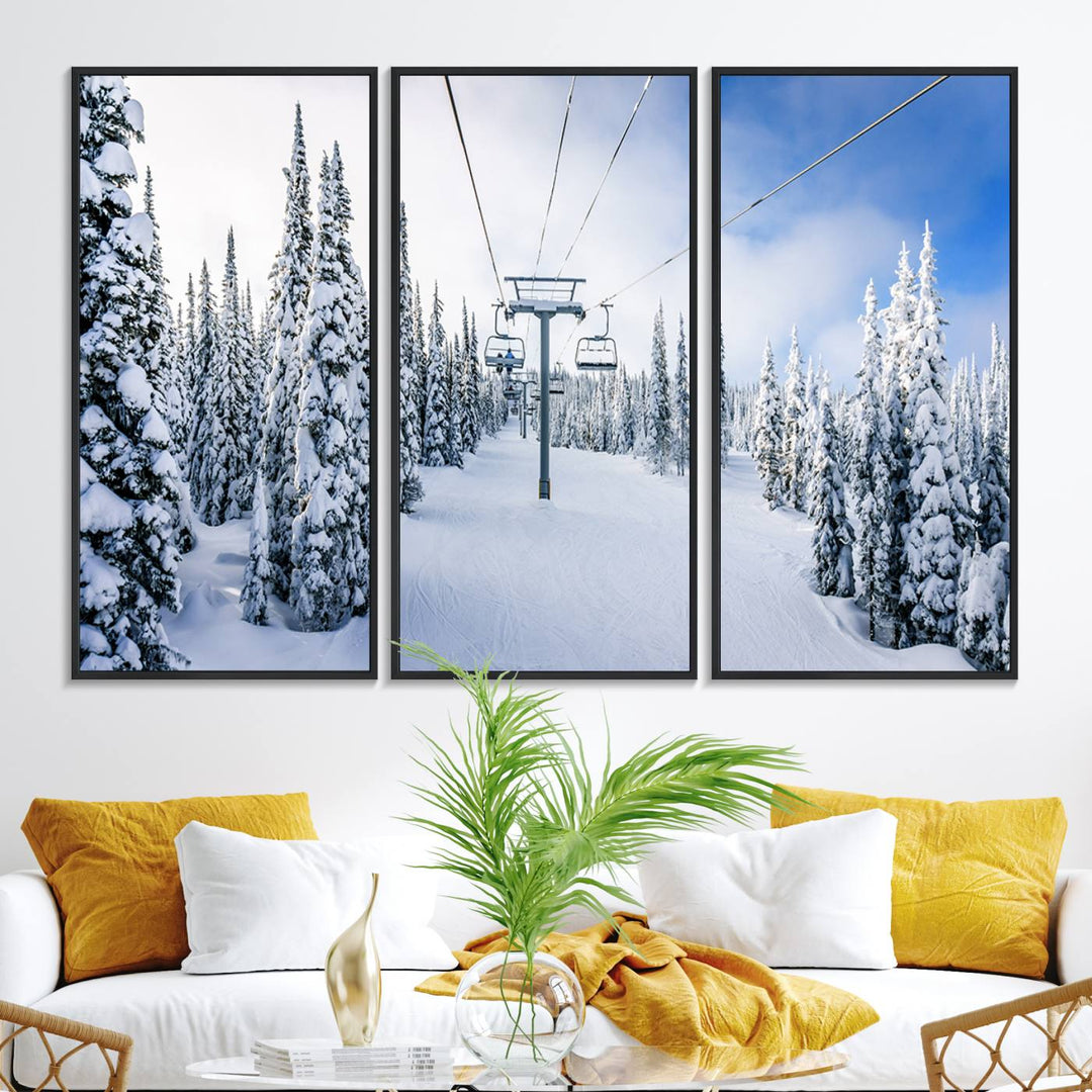 Winter Ski Lift Wall Art Print: Snowy Mountain Adventure, ideal for cabin or farmhouse decor under a clear blue sky.