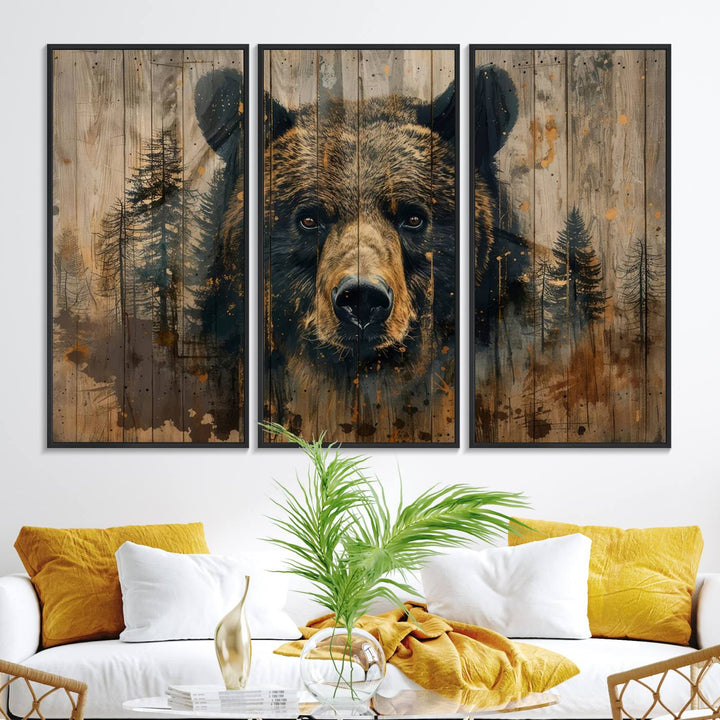 Abstract 399 Bear Wall Art showcases a bears face intertwined with forest trees, ideal for enhancing rustic lodge, cabin, or barn decor.