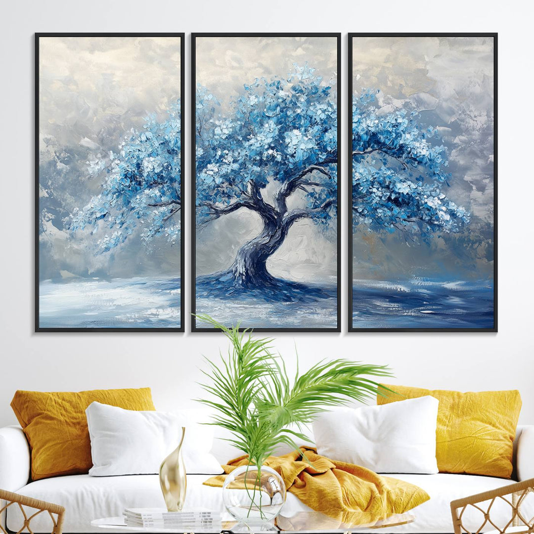 Abstract Blue Tree Art Print featuring textured blues and grays, perfect for farmhouse decor.