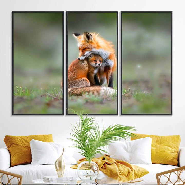 Heartwarming Fox and Baby Cub Wall Art - ready to hang, ideal for animal lovers, rustic decor, and cabin wall art.