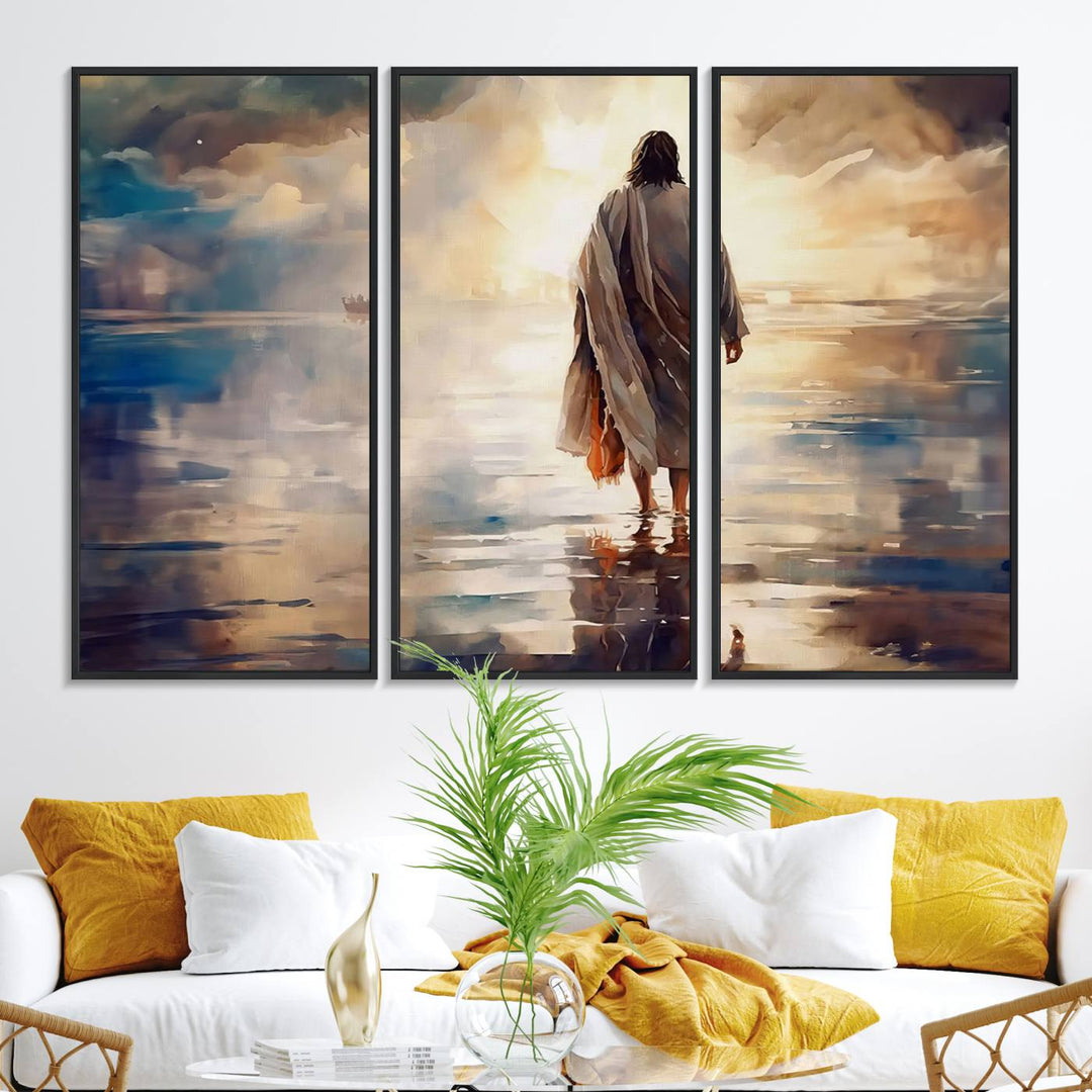 The wall art depicts a robed figure walking on water towards a boat, framed by a stunning sunset. This is showcased in the Jesus Walking on Water Triptych Canvas Print.