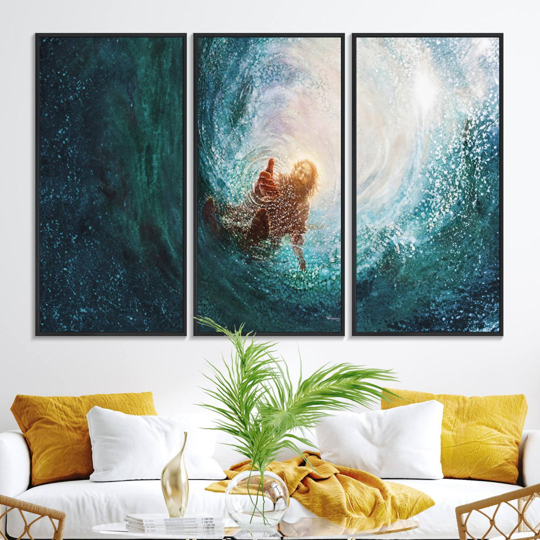 A swimmer heads towards light in an ethereal vortex on the Powerful Jesus Canvas Print - Hand of Salvation, Inspirational Wall Art.