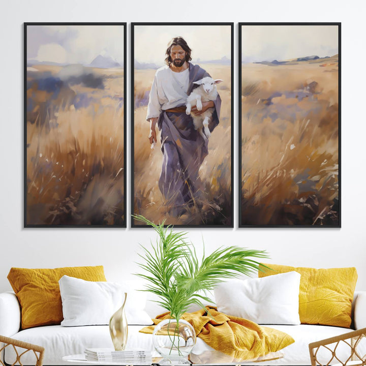 A canvas art piece depicts a bearded man carrying a lamb in a field, reminiscent of Jesus the Good Shepherd, ideal for prayer room decor.