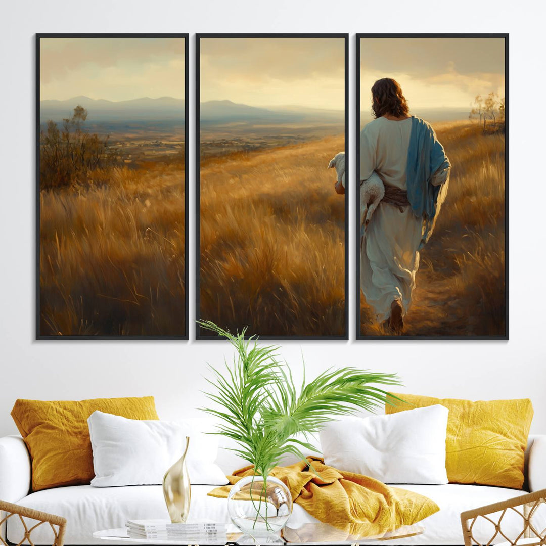 The wall art, titled Jesus the Good Shepherd, depicts a golden field at sunset.