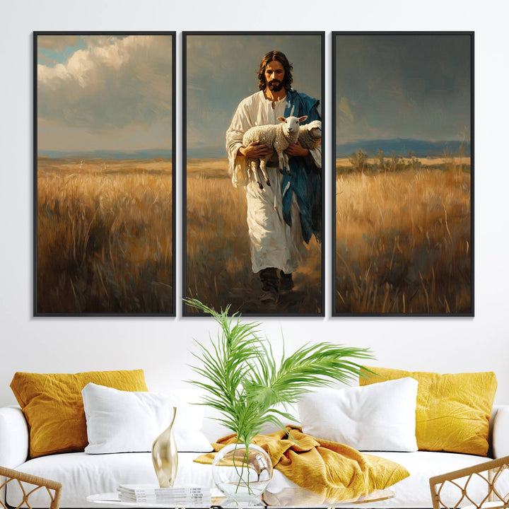 This Jesus Shepherd Wall Art depicts a figure in a white robe carrying a lamb, making it an ideal piece of Christian decor for your home.