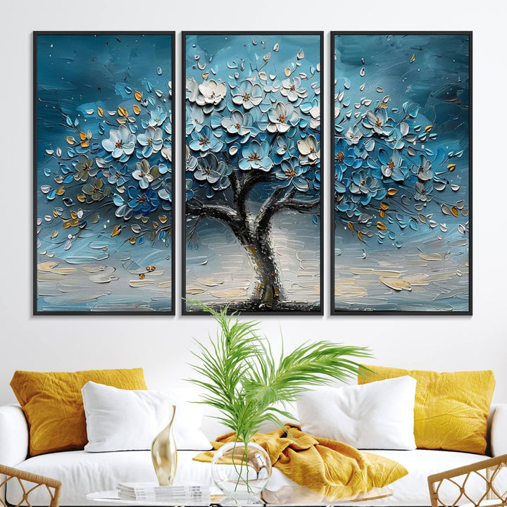 Abstract Blooming Tree Wall Art Print features blue, white, and gold textures on museum-quality canvas, perfect for modern decor.