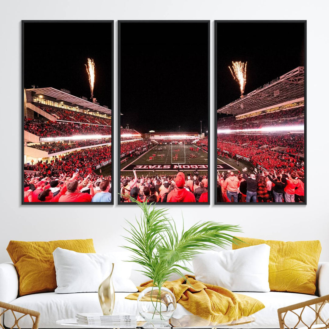 At Corvallis Reser Stadium, vibrant wall art captures the spirit of Oregon State Beavers football against a backdrop of a fireworks-lit night sky.