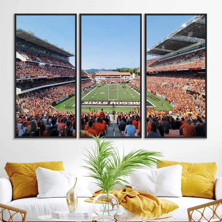 Wide-angle view of Corvallis Reser Stadium with Oregon State field, depicted in Beavers team print canvas art.