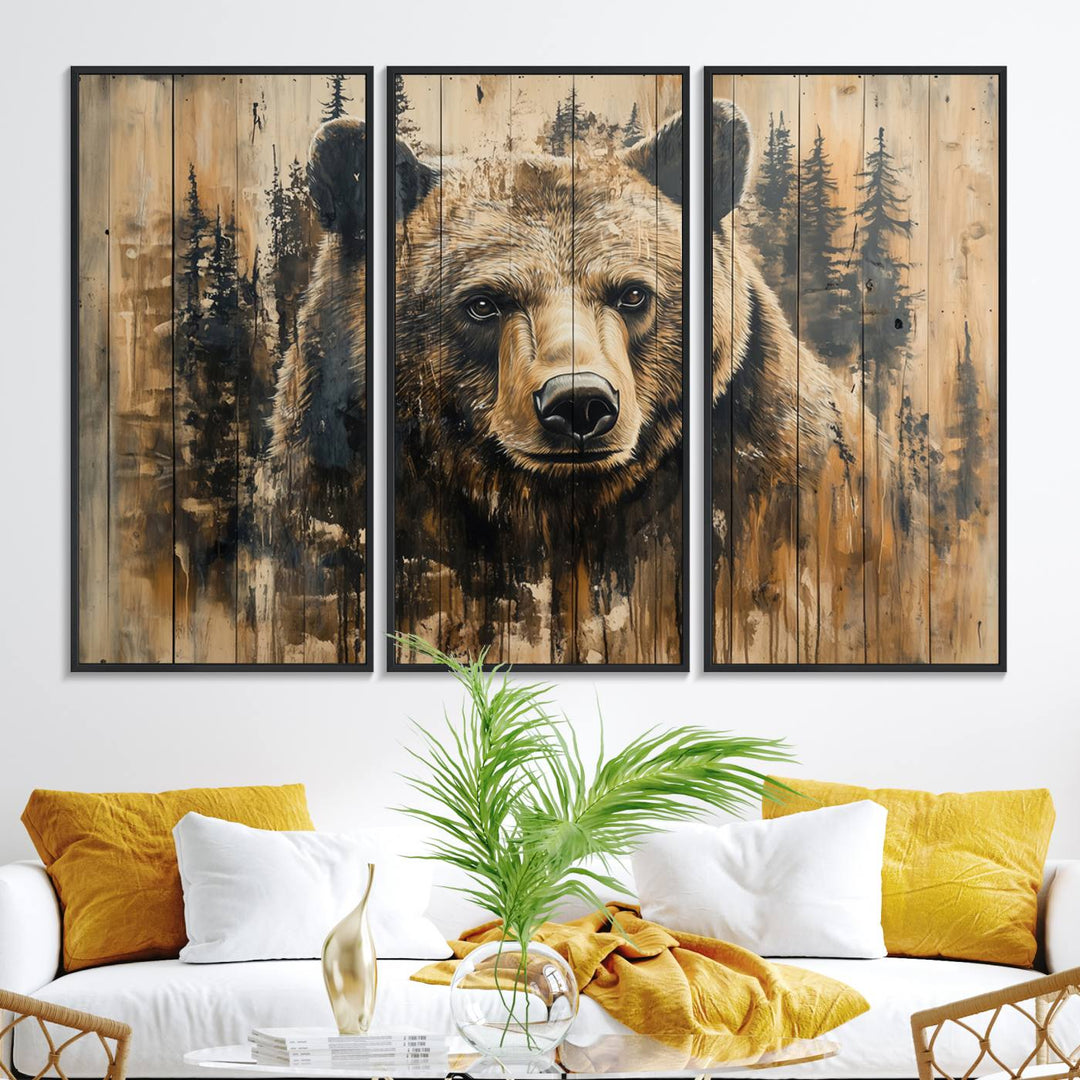 Majestic Grizzly 399 Bear 3-panel rustic canvas print with woodland theme.