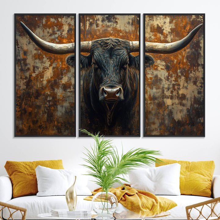 The Longhorn Texas Cow Bull Wall Art canvas print showcases rustic farmhouse decor.