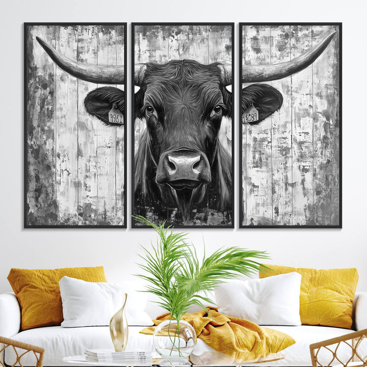 Abstract Longhorn Bull canvas print, featuring rustic Texas-themed wall art on a wooden background, ideal for Western decor.