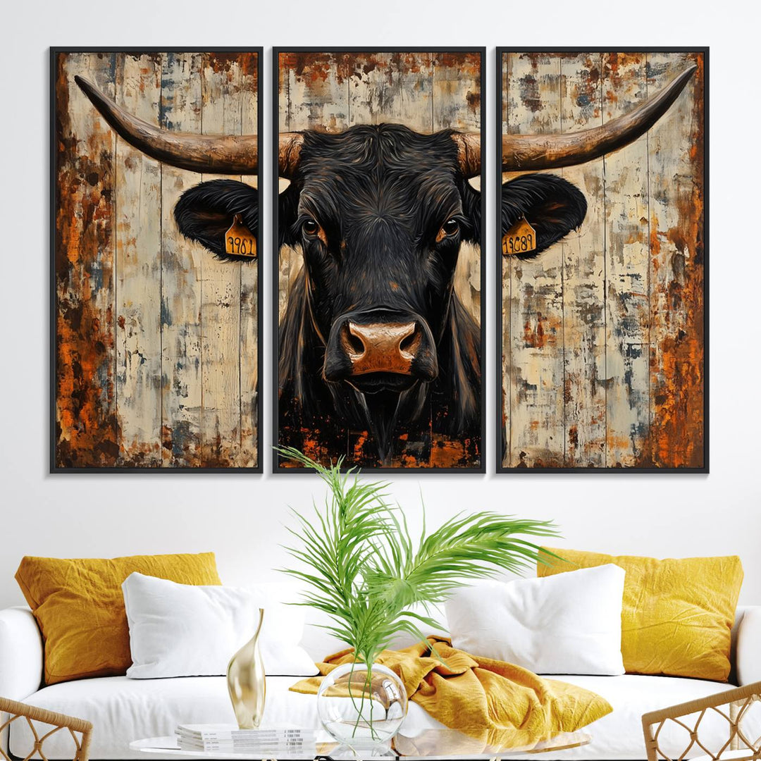 Black bull painting with horns and ear tags, ideal for rustic Texas decor - Abstract Cow Longhorn Bull Canvas Print.