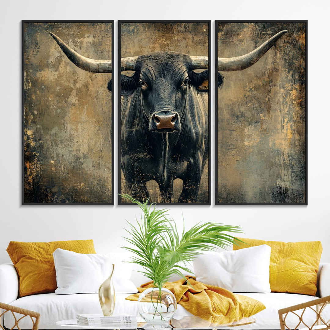 The Longhorn Bull Canvas Print features a bull with prominent horns facing forward, depicted in abstract Texas Western art style.