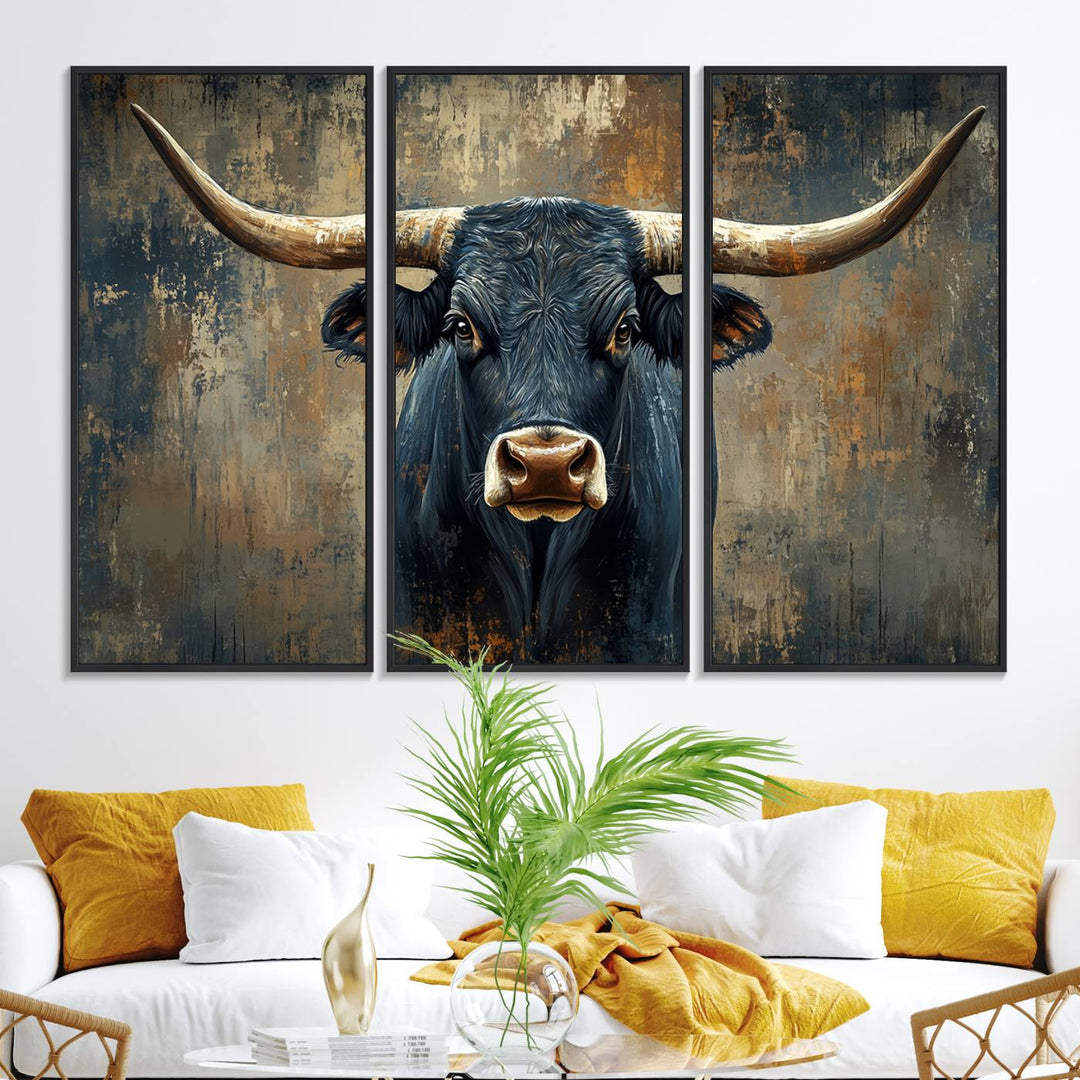 The Texas Western Wall Art Canvas Print showcases a Longhorn Bull set against an abstract brown and gray backdrop, making it perfect for rustic decor.