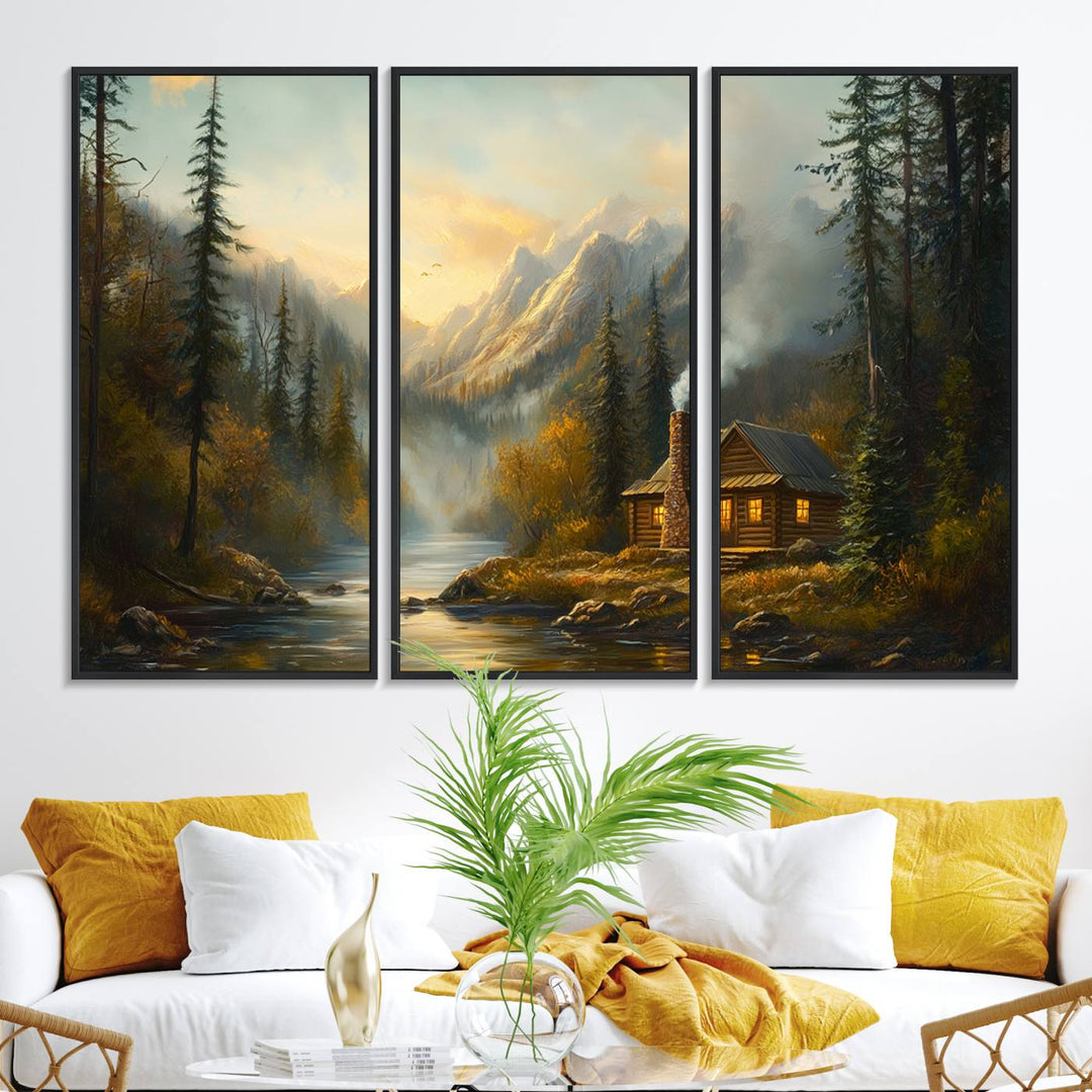 A cozy Wood Cabin Retreat Mountain at Sunset Wall Art features a serene forest and river landscape with smoke rising on a canvas print.