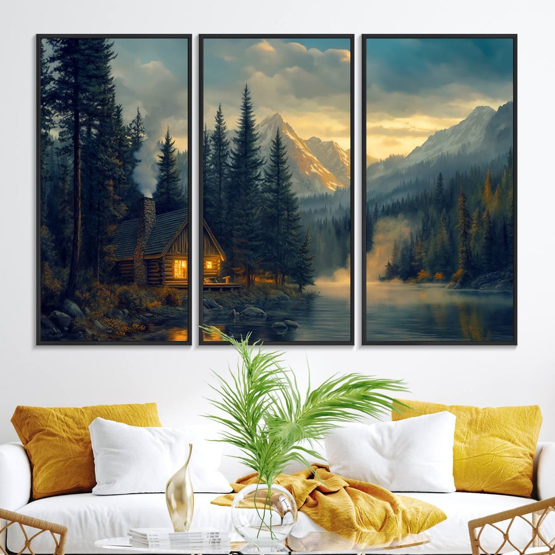 Serene sunset lake wall art: a cozy mountain cabin with lights, framed by pine trees and set against a moody sky. Ideal for adding rustic lodge charm to your space.