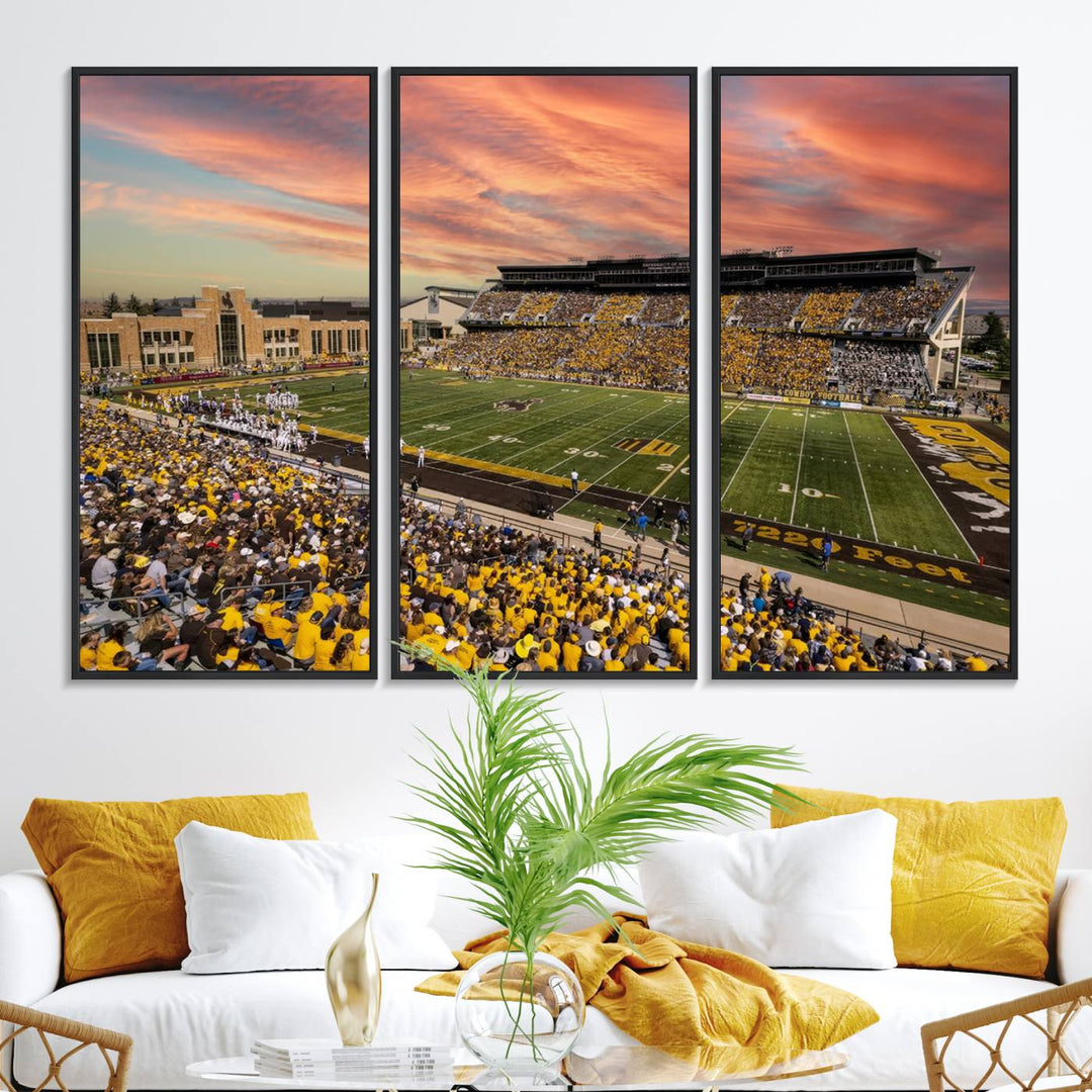 Capture the essence of a packed War Memorial Stadium at sunset with the Cowboys Football Canvas Print, highlighting fans cheering in yellow.