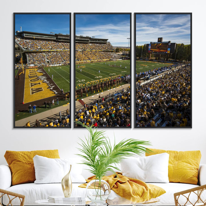 Canvas Wall Art Print: University of Wyoming Cowboys action at Jonah Field War Memorial Stadium under a sunny blue sky.