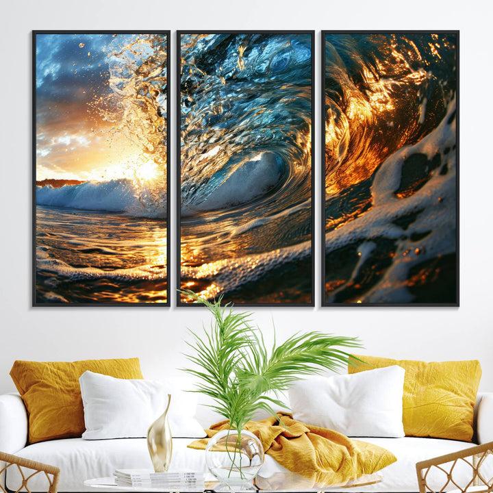 The Ocean Wave at Sunset canvas captures fiery waves with golden and blue hues, making it a perfect addition to nautical-themed decor.