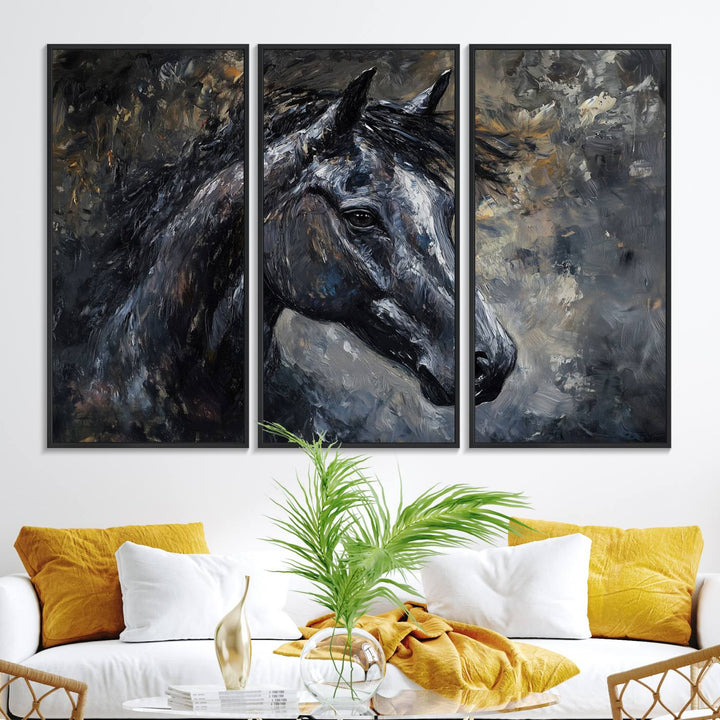 Abstract Horse Wall Art Canvas: A dark horses head and flowing mane set against a textured, muted background.