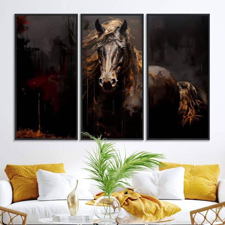 Abstract Black Horse Canvas Print – Featuring an equine spirit with a flowing mane on a dark background, perfect as farmhouse wall art.