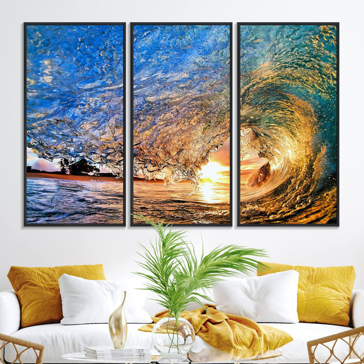 The Ocean Wave at Sunset Canvas Art captures vibrant coastal colors, perfect for nautical decor.