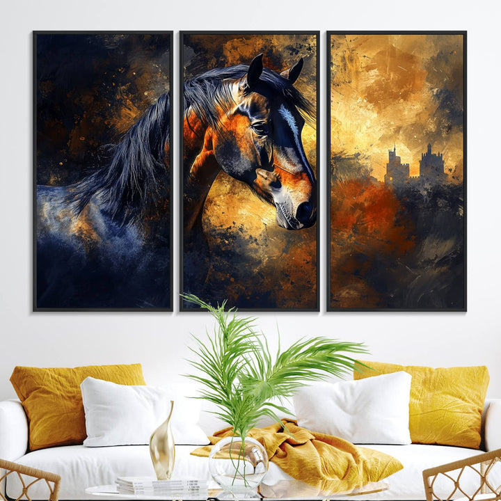Abstract Horse Art Print on canvas, featuring a colorful background, perfect for rustic farmhouse or equestrian decor.