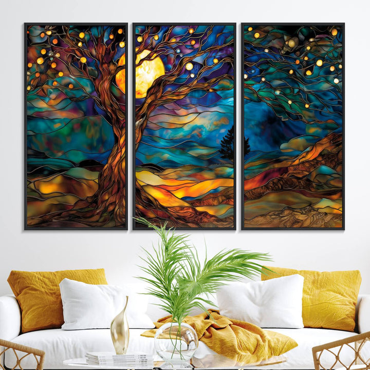 The vibrant Yggdrasil Tree of Life Wall Art depicts a moonlit tree.