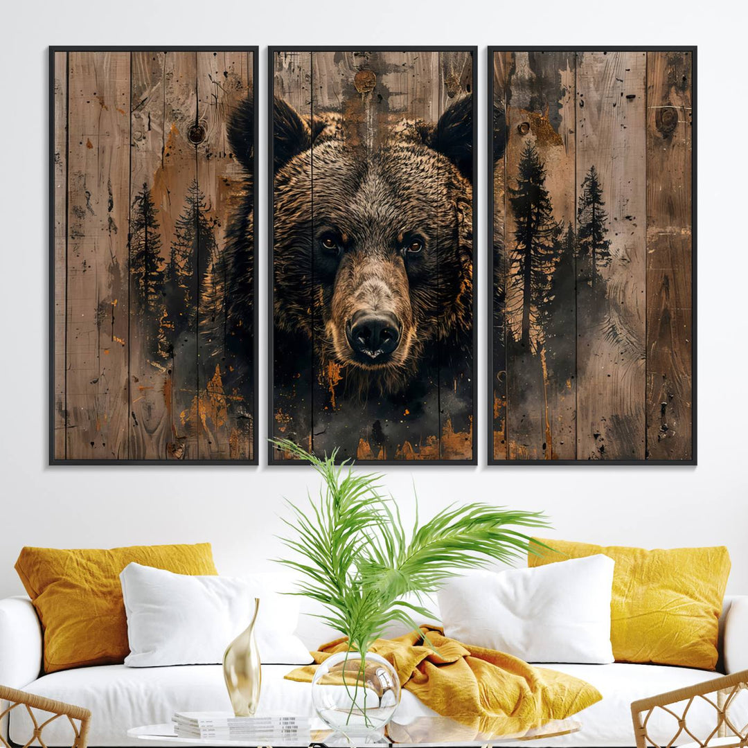 The bedroom showcases the Rustic Grizzly 399 Wall Art, a triptych canvas print that brings woodland charm to the space with its striking depiction of a bear. Elegantly displayed on a wooden wall, it enhances the rustic cabin feel.