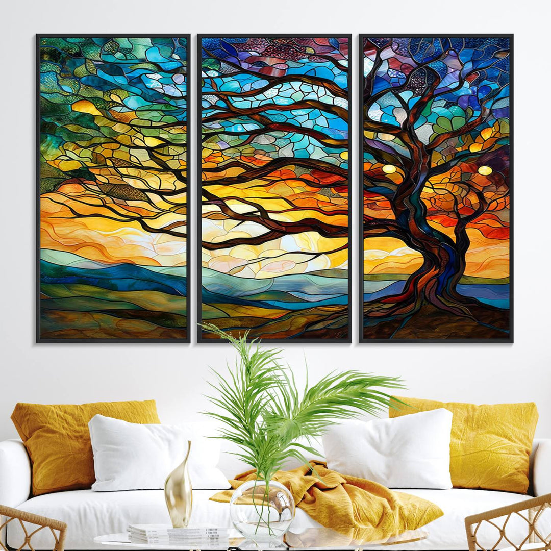 A vivid Tree of Life in stained glass style is depicted with twisted branches, a colorful sky, and hills on a ready-to-hang canvas.