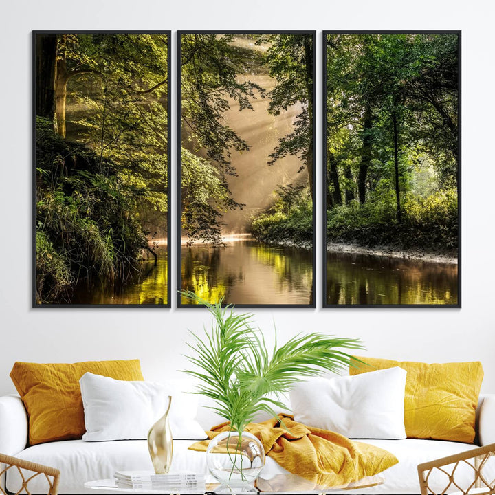 Forest Wall Art Print: A river landscape bathed in sunlight, perfect for rustic decor or as wall art for farmhouses and cabins.