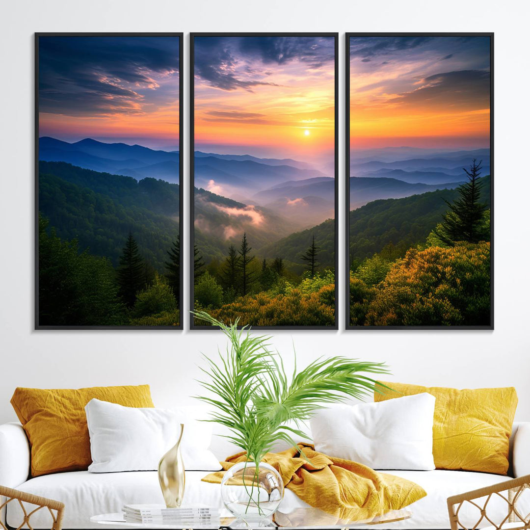 The Majestic Mountain Sunrise Print features a vibrant sky, layered hills, and evergreens, making it a stunning piece of wall decor.