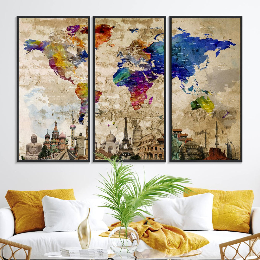 Artistic world map featuring landmarks like the Eiffel Tower, printed on premium wall art for office or living space.