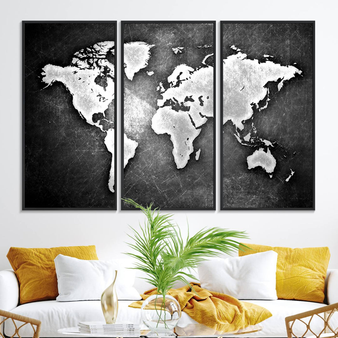 Black & White 3-Panel Framed World Map Canvas Art with Grunge Design.