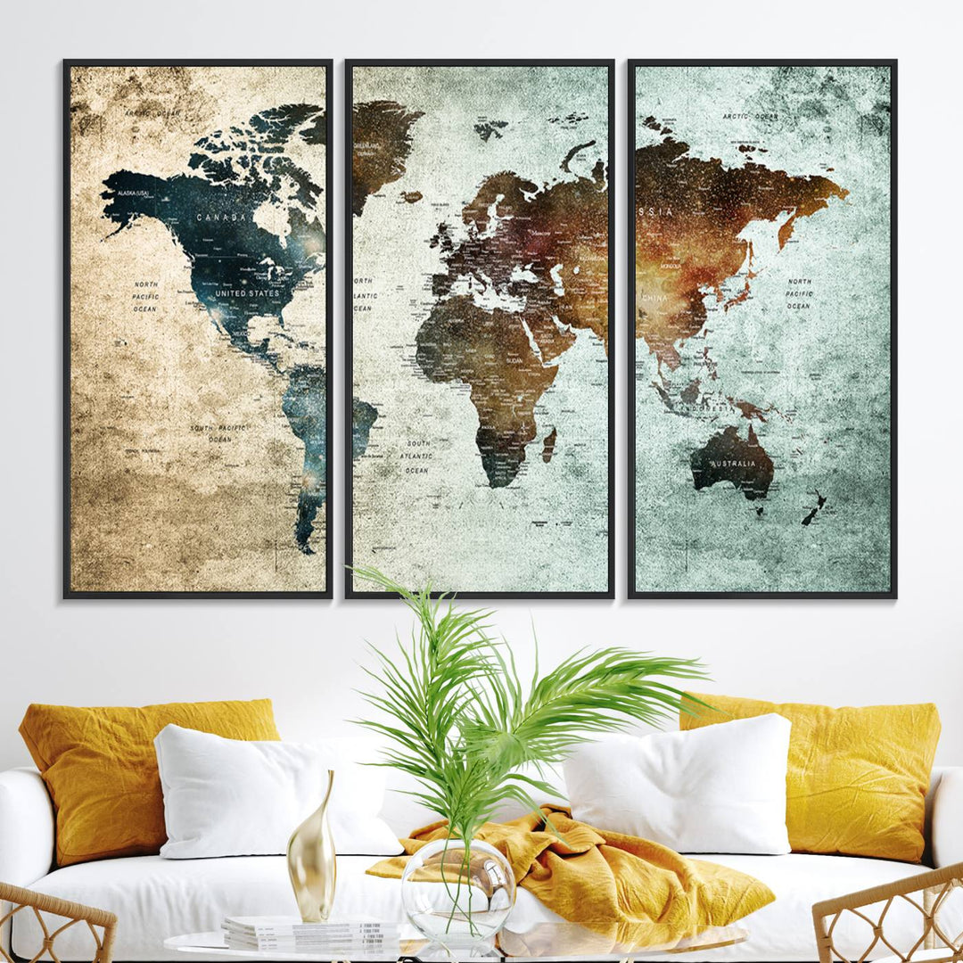 The Push Pin World Map Canvas Print serves as an ideal piece of wall art for travel lovers, showcasing vibrant colors and intricate details.