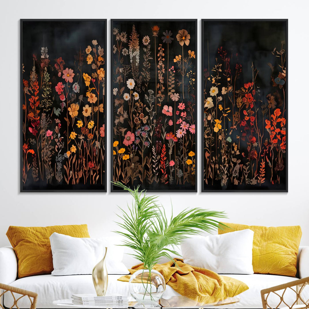 A large wildflower painting print on canvas featuring a colorful floral illustration, perfect as botanical decor for a stylish home.