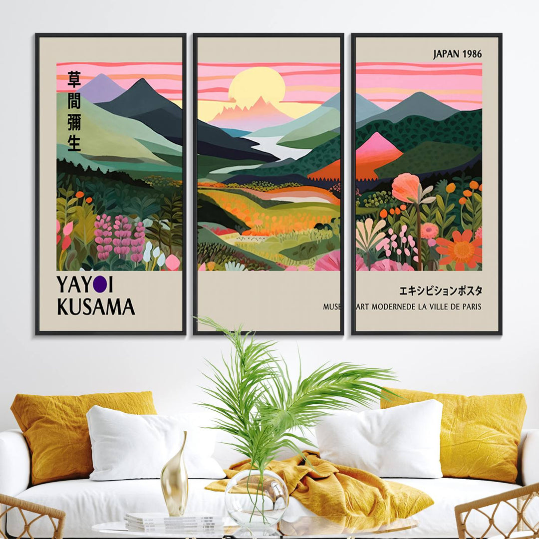 Vibrant abstract landscape canvas with mountains and fields, titled Yayoi Kusama 1986 Wall Art Print.