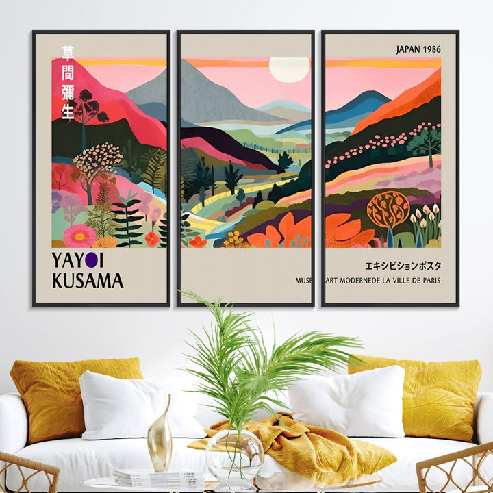 Vibrant abstract landscape canvas inspired by Yayoi Kusama, featuring mountains, trees, and flowers in a triptych style.