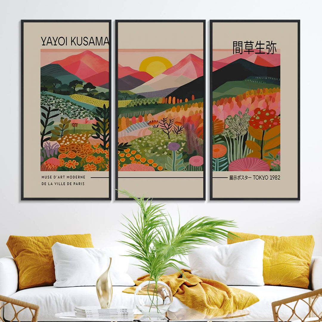 A vibrant abstract triptych features mountains, a sun, and plants in Yayoi Kusamas style with Japanese and French text included.