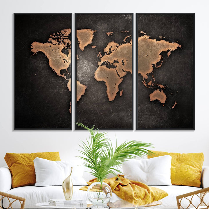 The Modern World Map on a metallic black canvas creates a striking effect.