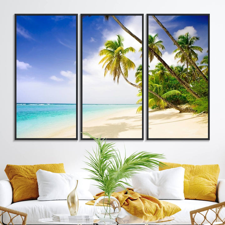 Tropical Beach Canvas: Palm Trees & White Sand Shore Decor, Vibrant Coastal Print, Ready to Hang.