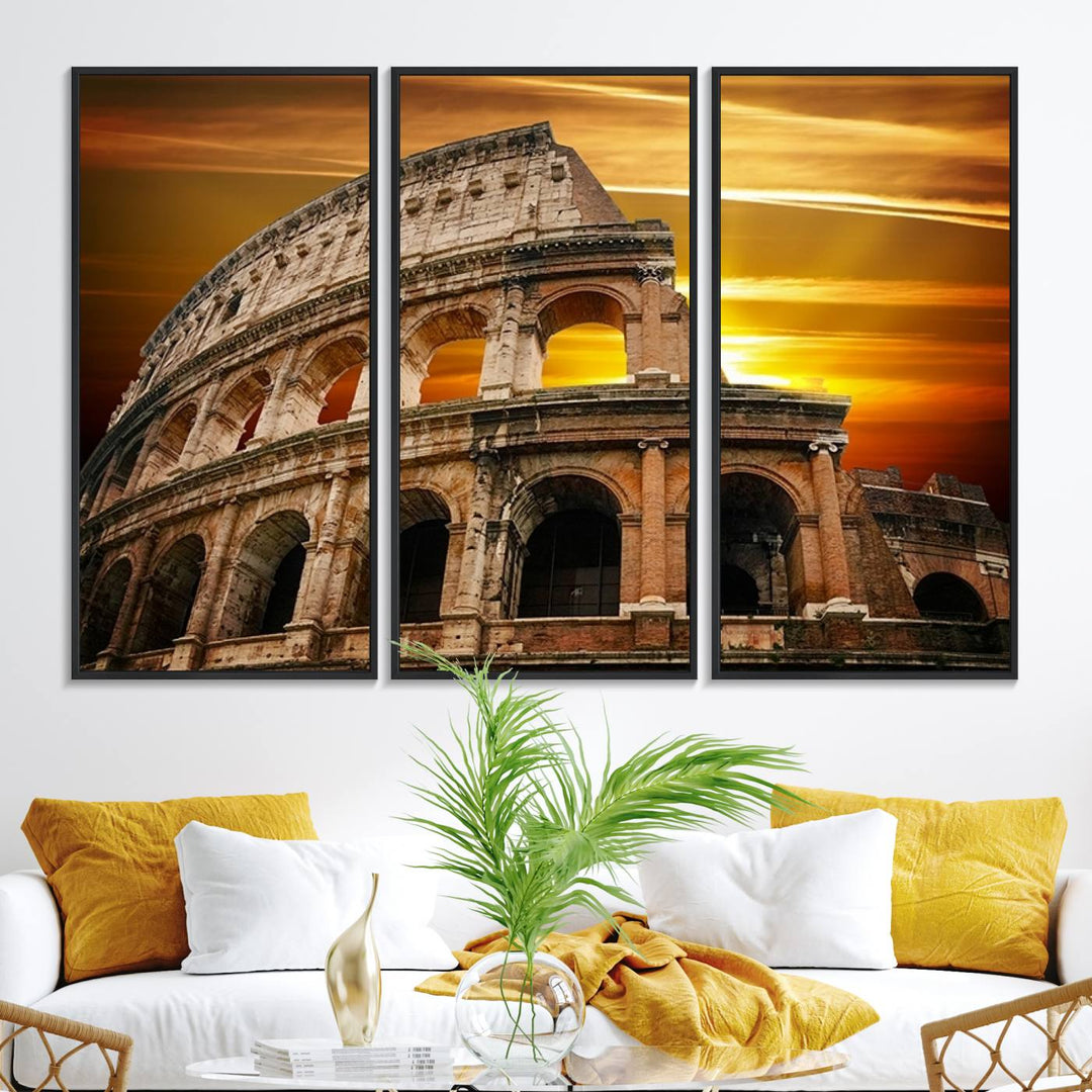 On the wall, theres a piece of art titled Colosseum with Yellow Sunset Behind, Italy.