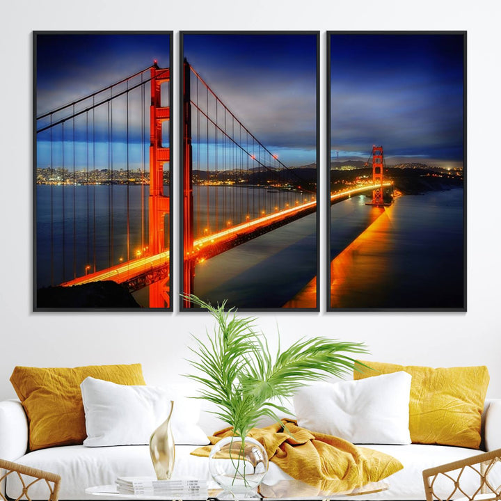 A large wall art San Francisco canvas print of the Golden Gate Bridge at twilight is displayed on a porch.